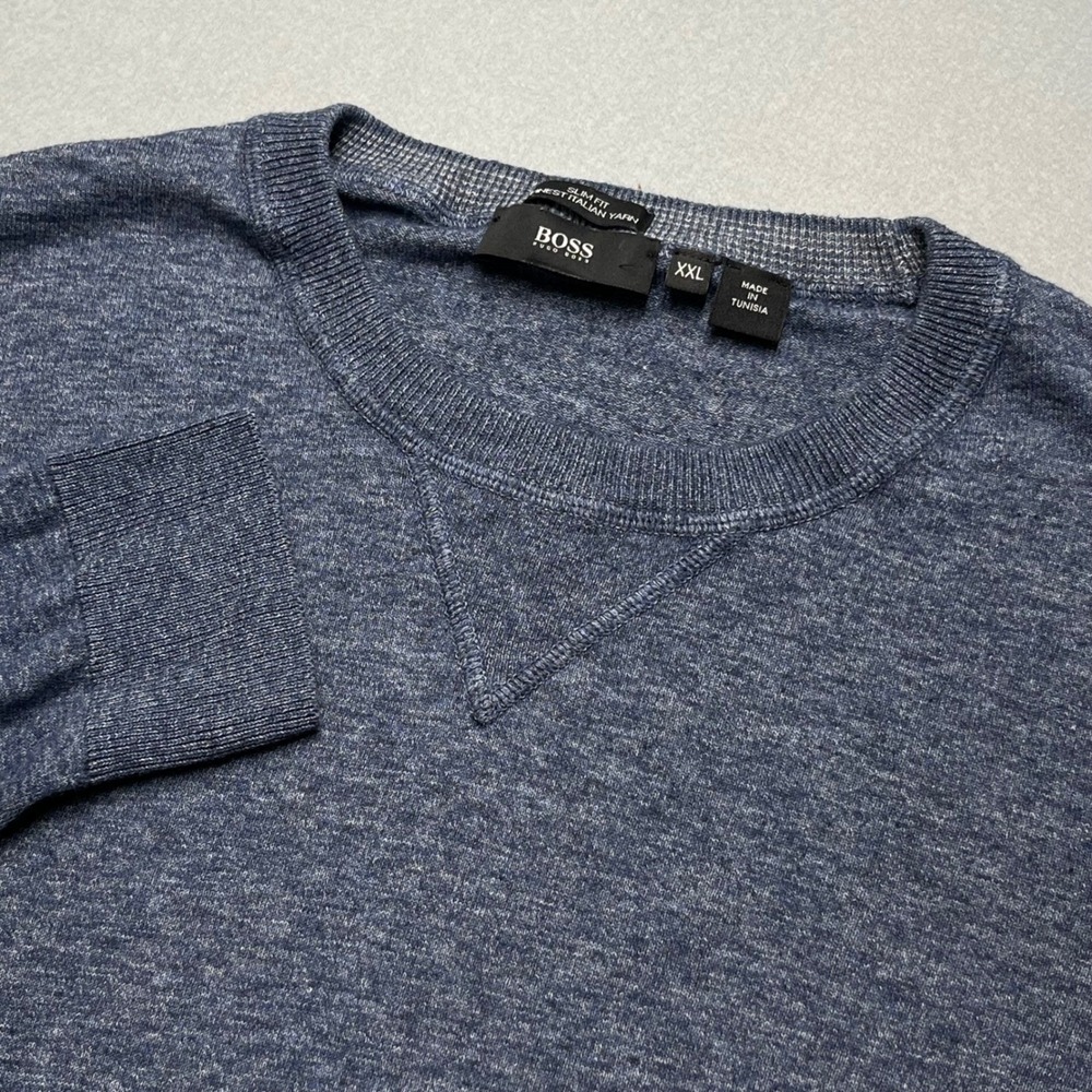 Hugo Boss Slim‎ Fit Blue Italian Yarn Crewneck Sweater Mens XXL Heathered Knit